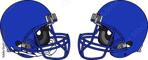 Blue American football helmet with a blue facemask. Helmets with and without a chin strap