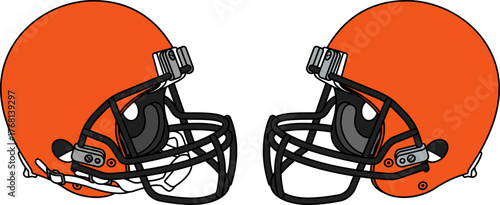 Orange American football helmet with a black facemask. Helmets with and without a chin strap