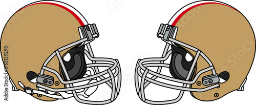Golden American football helmet with a white facemask. Helmets with and without a chin strap
