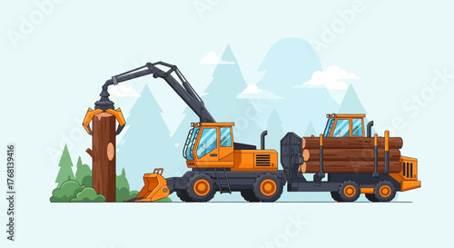 Illustration depicting forestry operations with harvester loading logs on a trailer amidst a