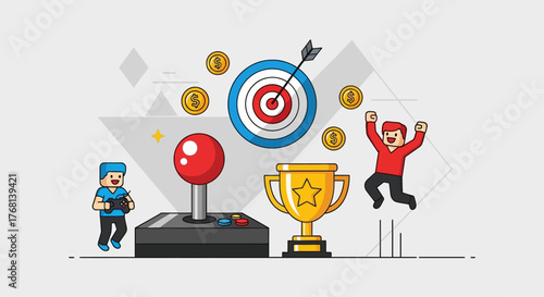 Cartoon illustration depicting gaming, arcade culture, and achievement of goals