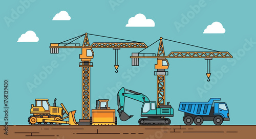 Animated illustration showcases construction site operations with various machinery present and
