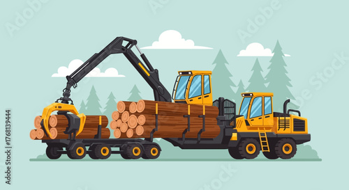Automated forestry and lumber transport equipment loading logs with specialized machinery in nature