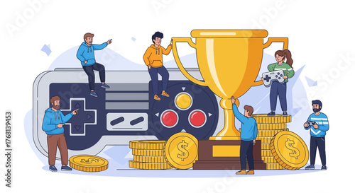 Illustration of gamers celebrating victory with trophy and coins on gaming controller
