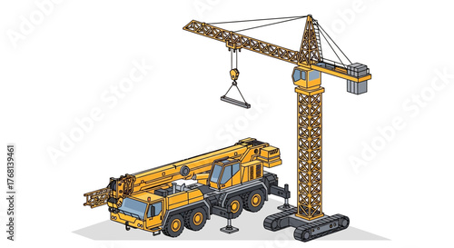 Detailed illustration of a yellow crane on a truck ready for construction operations and