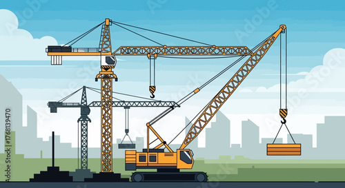 Stylized construction site with multiple cranes against a city skyline illustration