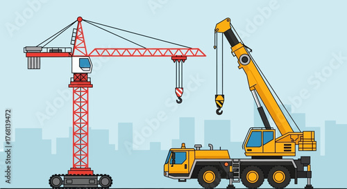 Construction cranes cartoon vector illustration, showcasing industry and urbanization with