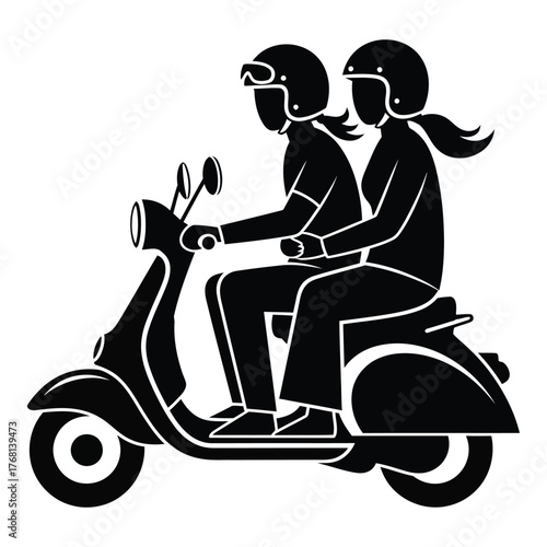 Silhouetted couple riding a scooter together with helmets for safety and style silhouette