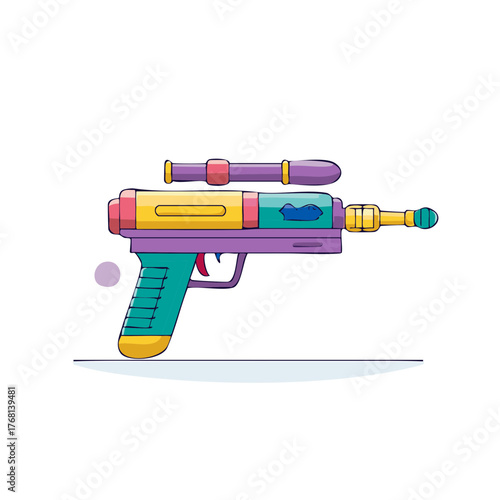 Illustration of a colorful toy ray gun with sight and trigger on white background