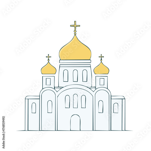 Orthodox Christian church building with golden domes and crosses illustration