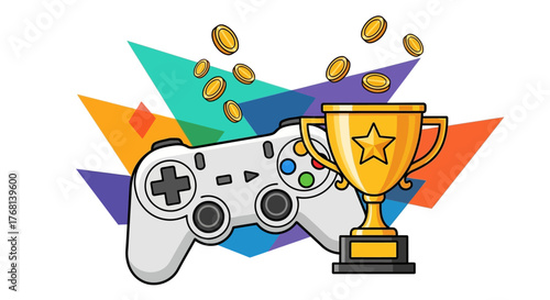 Illustrated depiction of victory in gaming with controller, trophy, and coins showering