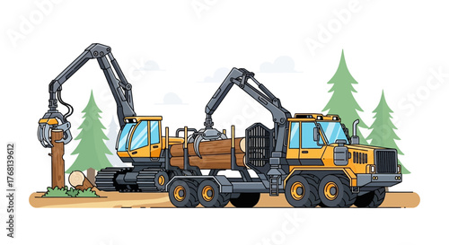 Illustration of logging machines operating in a forest, highlighting sustainable forestry and