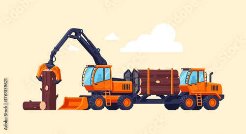 Illustrative vector graphic displaying timber harvesting operations with machinery in a forest