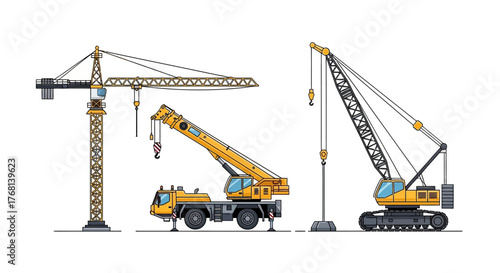 Construction cranes set cartoon illustration vector isolated on white background heavy industry
