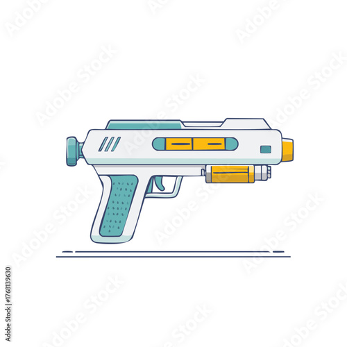 Futuristic Toy Ray Gun Illustration Isolated on White, Sleek White Design with Yellow and Turquoise Accents for Gaming Designs