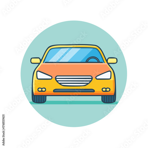 Front view of a modern orange and yellow sedan car with blue tinted windows