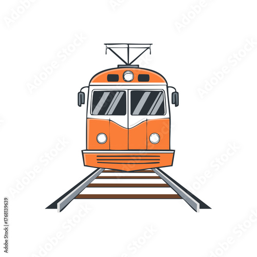 Orange and white vintage style tram illustration front view on railway tracks