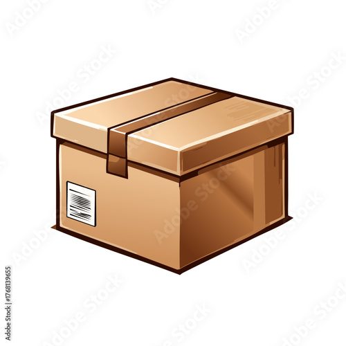Stylized closed cardboard box illustration with tape and label for delivery
