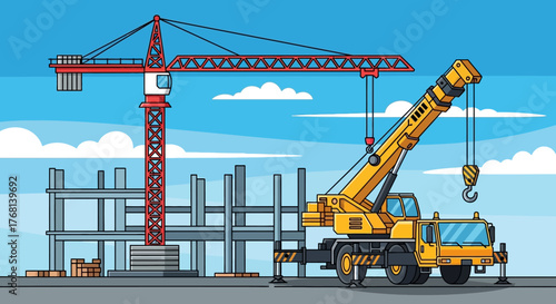 Cartoon construction site featuring cranes and building structure against a blue sky landscape