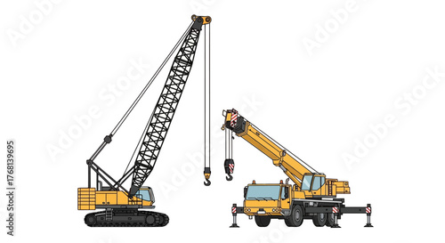 Illustration featuring two robust cranes engaged in heavy lifting operations on site