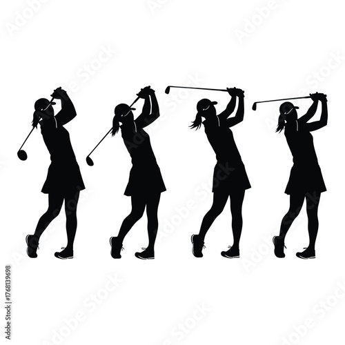 Silhouettes of female golfers in swing sequence capturing dynamic action of sport silhouette