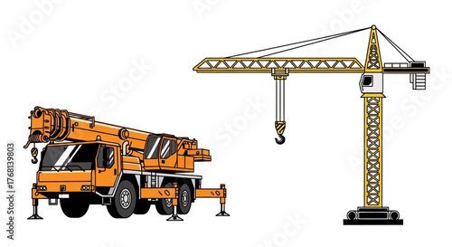 Illustration showcasing a yellow crane truck and tower crane against a white backdrop