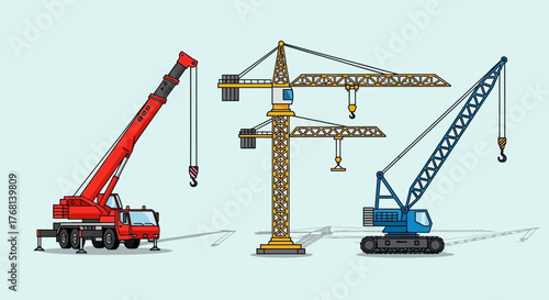 Whimsical crane panorama showcasing heavy machinery for construction and transport