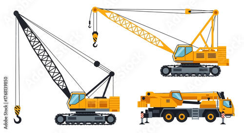 Illustrative construction cranes in yellow tones representing construction and engineering
