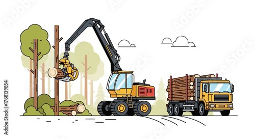 Stylized Logging Operation Illustration Depicting Forestry and Timber Transport Automation