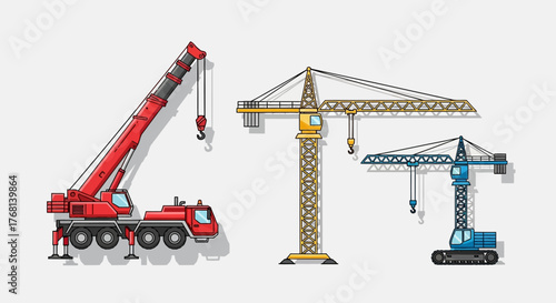 Illustrative depiction of diverse construction cranes showcasing industrial equipment variety and