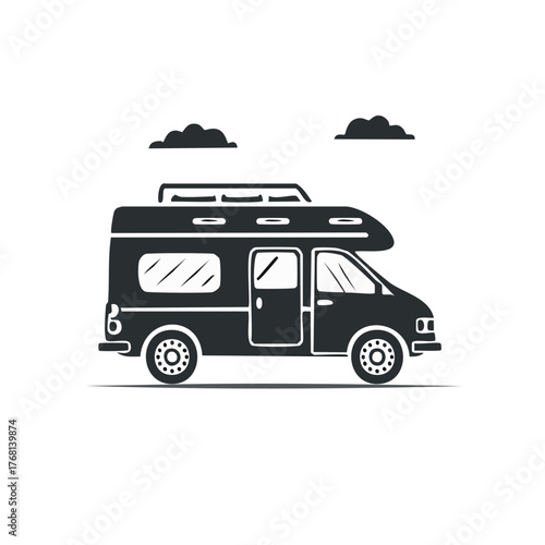 Classic camper van black silhouette with roof rack and clouds for road trip adventure