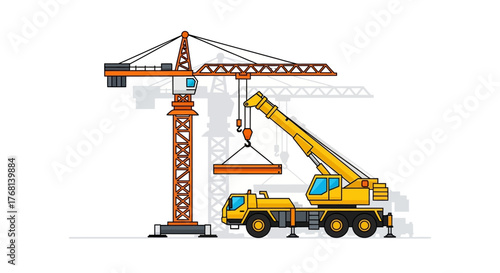 Graphic illustration depicting construction cranes in operation at a building site project