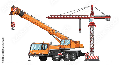 Orange mobile crane truck with telescopic boom and stationary tower crane, industrial construction