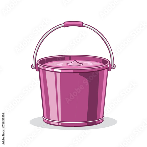 A gleaming pink bucket filled with liquid and a wire handle