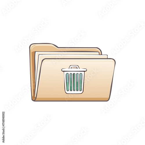 Cartoon file folder with trash can icon symbolizing data deletion and digital cleanup