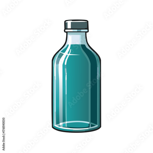 Teal liquid in glass bottle with dark cap still life isolated, science, potion