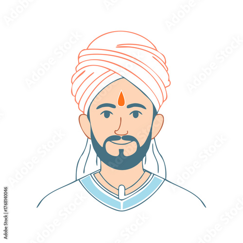 Smiling man in a traditional white turban with a beard and tilak, rendered in a clean illustration style