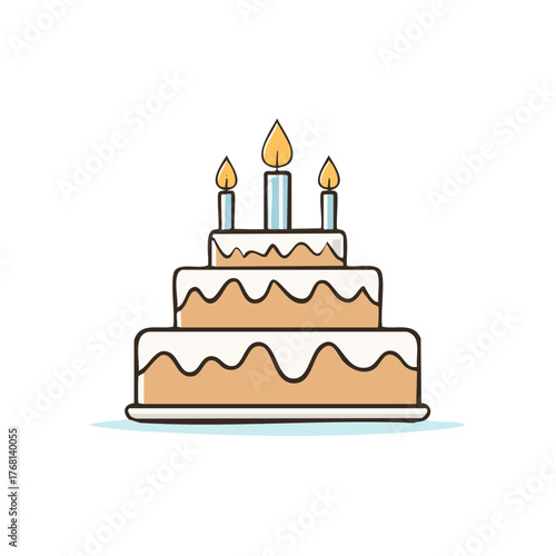 Hand Drawn Three Tier Birthday Cake with Lit Candles and Icing Decoration