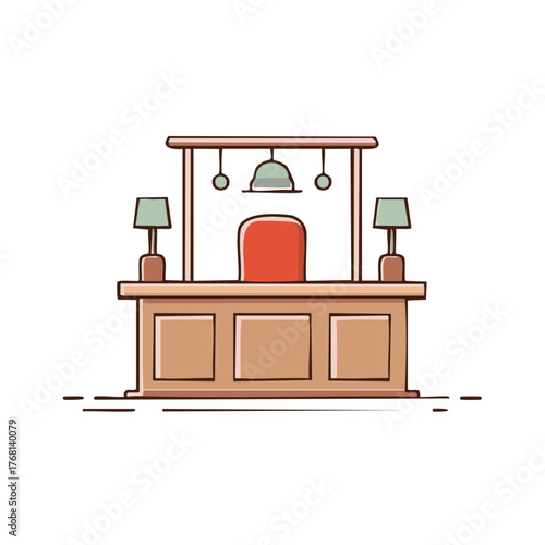 Illustration of a court room judge's desk with lamps, chair and lighting fixture