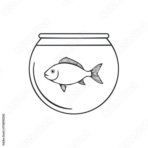 Outline drawing of a single fish swimming inside a classic glass fishbowl