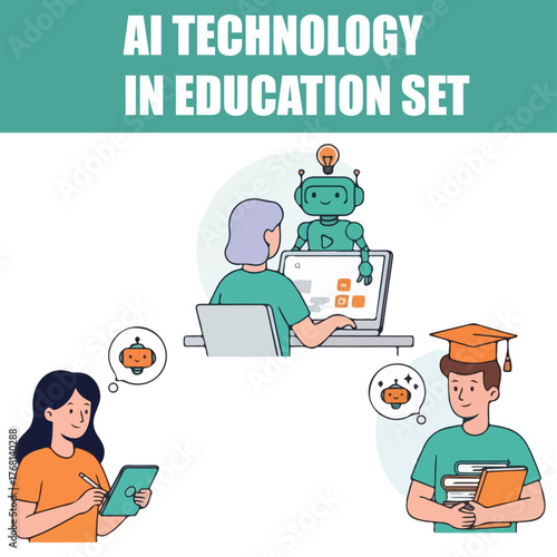 AI in Education Set. Robot Assisting Teachers and Students with Lessons, Using Generative Tools for Learning and Writing. Vector Illustration.