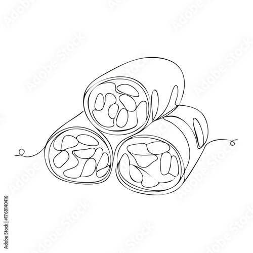 Three spring rolls single continuous line drawing, asian cuisine rolls with filling, eastern food delicacy graphic