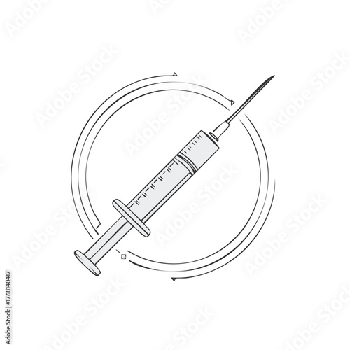 Line drawing of a medical syringe with circular frame for vaccination or immunization related topics.