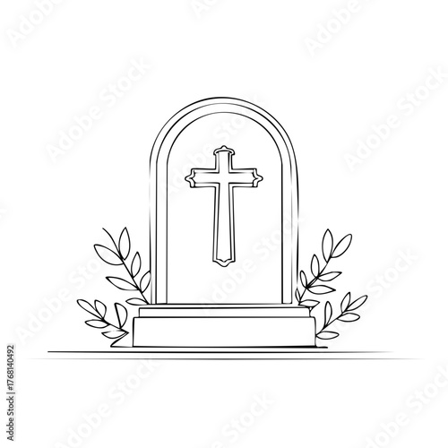 Christian cross tombstone with decorative branches line art