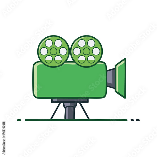 Retro green movie camera with film reels and lens graphic illustration