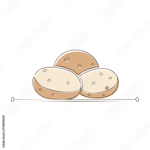 Minimalist line art drawing of three brown potatoes fresh organic vegetables for healthy eating concept