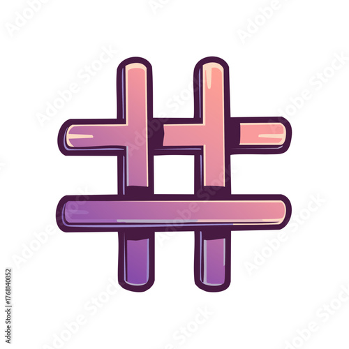Illustration of a hashtag symbol in pink and purple gradient colors with a cartoon style