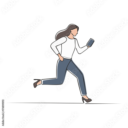 Woman in Casual Attire Running While Looking at Her Mobile Phone