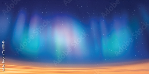 Polar lights, aurora borealis, starry sky, sunset light, northern landscapes, vector illustration