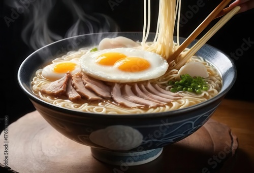 Delicious bowl of steaming ramen with eggs and tender meat
